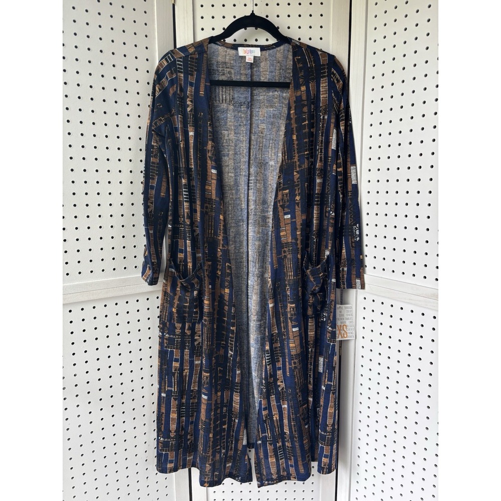 NWT Lularoe Sarah Duster Cardigan XS Blue Brown Geometric‎ Print